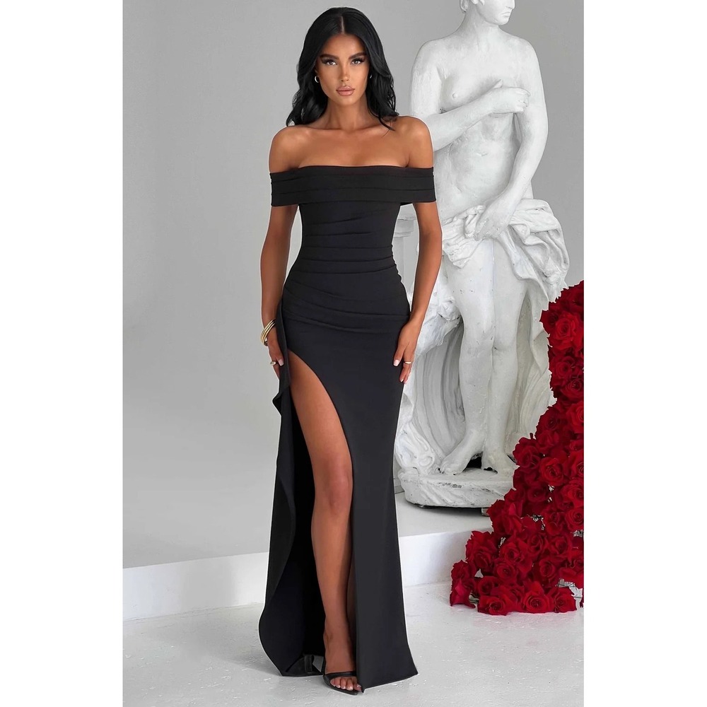 Babyboo Joyce Maxi Dress Black Off Shoulder Ruched Formal Gown XS NWT